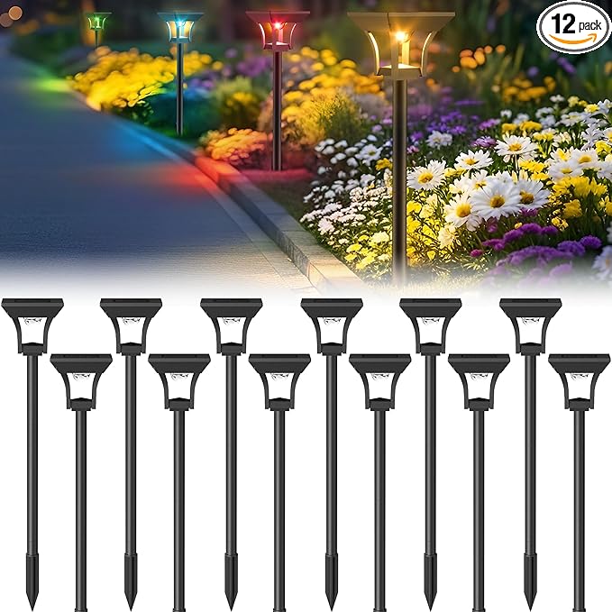 CINOTON 12 Pack RGBCW Solar Pathway Outdoor Lights, 3 Lighting Modes Solar LED Garden Lights, IP65 Waterproof Outside Solar Powered Landscape Lighting for Planter Lawn Pool Balcony RGB/Warm/Cold White-Ruum Studio Home