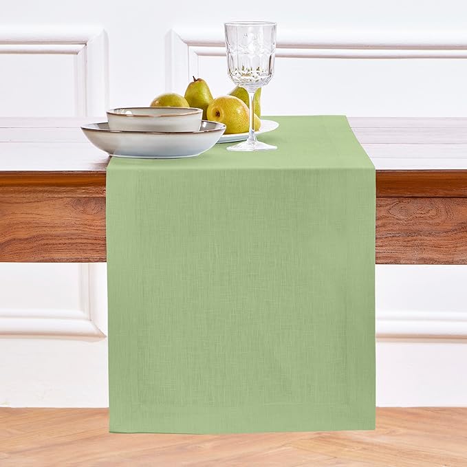Solino Home Linen Table Runner 90 Inches Long - 100% Pure Linen Laurel Green Dining Table Runner 14 x 90 Inch for Fall, Autumn, Thanksgiving - Fete-Ruum Studio Home
