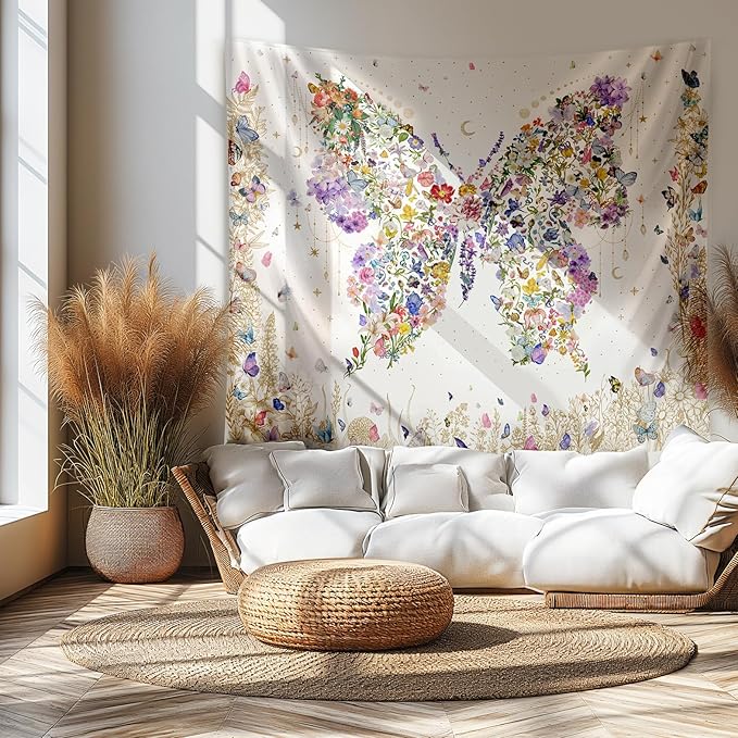Damanse Butterfly Tapestry Wall Hanging Cute,Boho Wall Tapestry for Bedroom Aesthetic,Flower Living Room Decor for Teen Girls (White, 59.80" x 78.70")-Ruum Studio Home
