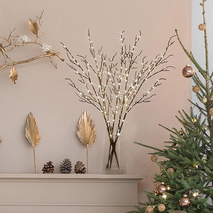 Fudios Lighted Branches Plug in 32IN 200 LED Mantle Winter Decor, Brown Twig Branch Lights for Christmas Holiday Party Indoor Outdoor-Ruum Studio Home