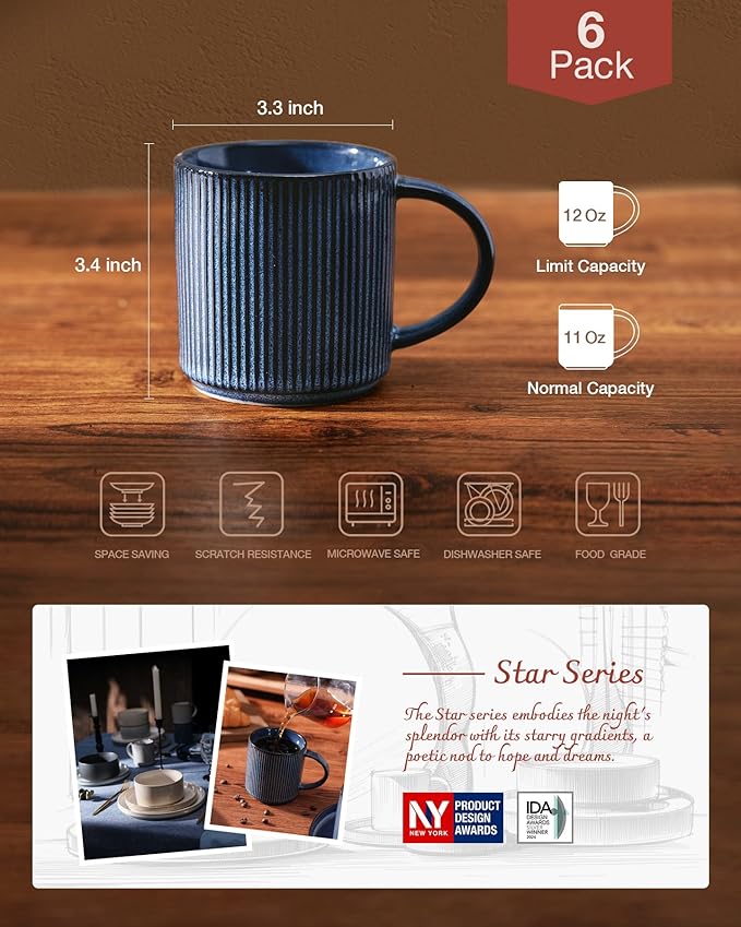 famiware Coffee Mug Set for 6, Star 12 oz Catering Mugs Cup Set with Handle for Coffee, Tea, Cocoa, Milk - Ceramic Stoneware Drinkware Set, Nebulas Blue-Ruum Studio Home
