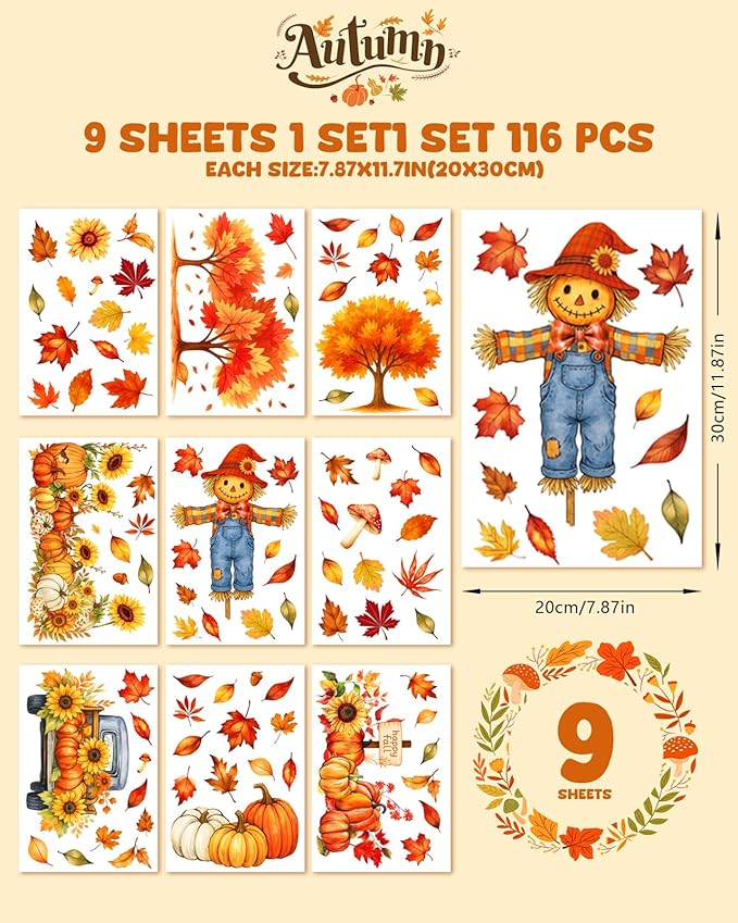 Fall Window Clings - 9 Sheets 116 Pcs Fall Decorations for Autumn Thanksgiving Harvest Home Party, Pumpkin Leaves Truck Maple Sunflowers Stickers for Glass, Double-Sided Static Window Decals-Ruum Studio Home