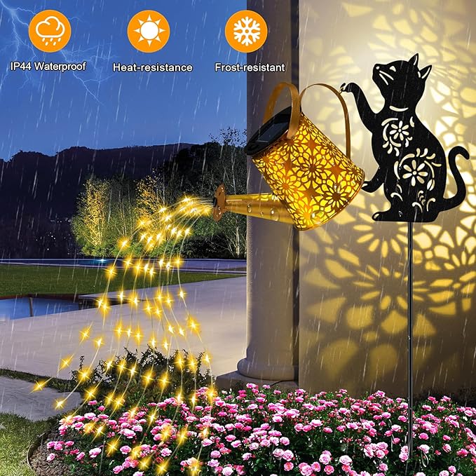 Solar Lights Outdoor Decorative, Watering Can with Cascading Lights, with Cat Silhouette Garden Stakes, Waterproof Metal Garden Decor for Yard Art, Outside, Patio, Lawn Ornaments-Ruum Studio Home