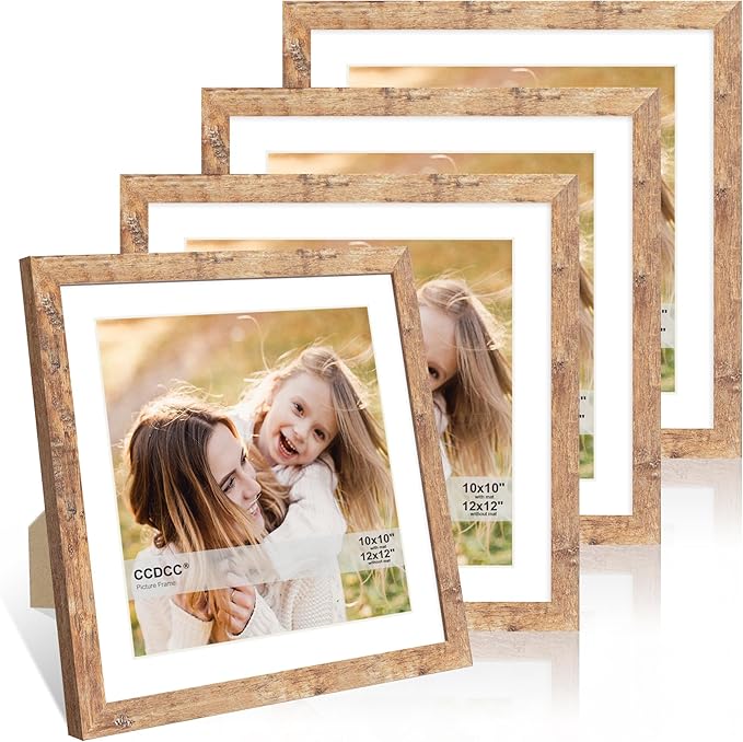 12x12 Picture Frame Set of 4, 12 x 12 Wood Photo Frames with Mat for 10x10 or 30x30cm Diamond Painting Art, Wooden Frame with Real Glass Cover for Wall and Tabletop Display,Brown-Ruum Studio Home