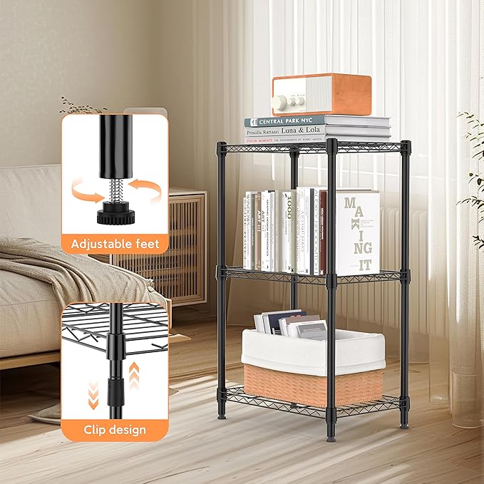 3 Tiers Shelf Metal Storage Shelves Wire Rack Closet Organizers with Wheel for Garage Kitchen Bathroom Laundry Black 11.8" D x 17.7" W x 28.8" H-Ruum Studio Home