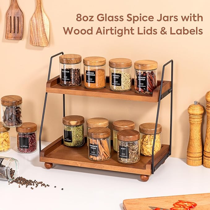 Yangbaga 12Pcs Glass Spice Jars with Labels-8oz Acacia Wood Lid Square Spice Containers,Seasoning Jars for Rack Cabinet Drawer,KitchenPantry Daily Use-Ruum Studio Home