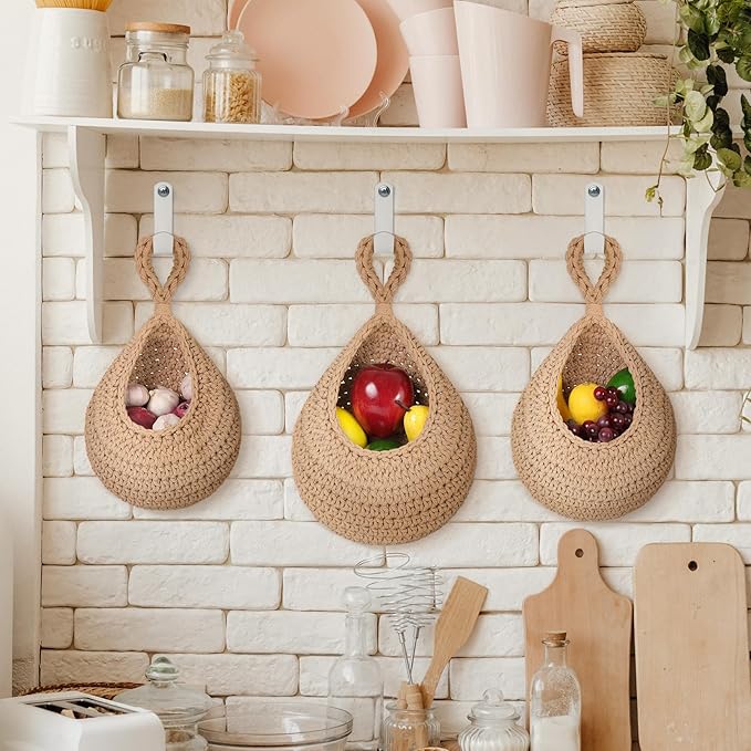 AARAINBOW Boho Wall Hanging Baskets for Kitchen Storage, Fruit Woven Wall Basket 9 Pcs, Hanging Vegetable and Onion Storage with 24 Hooks （Brown）-Ruum Studio Home