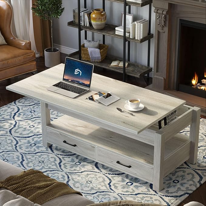 Rolanstar Coffee Table, Lift Top Coffee Table with Drawers and Hidden Compartment, Living Room Table with Wooden Lift Tabletop, for Living Room, Grey-Ruum Studio Home