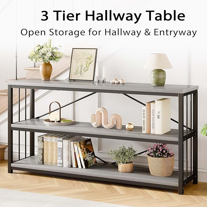 LVB Extra Long 3-Tier Sofa Table, Industrial Console Table with Storage Shelf, Modern Rustic Wood Metal Narrow Entryway Table, Skinny Behind Couch Table for Foyer Living Room Bedroom, Light Grey, 70In-Ruum Studio Home