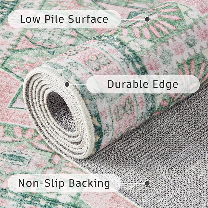 DCX Washable 8x10 Area Rug, Soft Machine Washable Non Slip with Rubber Backing Vintage Rug, Kid & Pet Friendly Living Room Area Rugs 8x10, Foldable Rugs for Bedroom Dining Room Office-Pink & Green-Ruum Studio Home