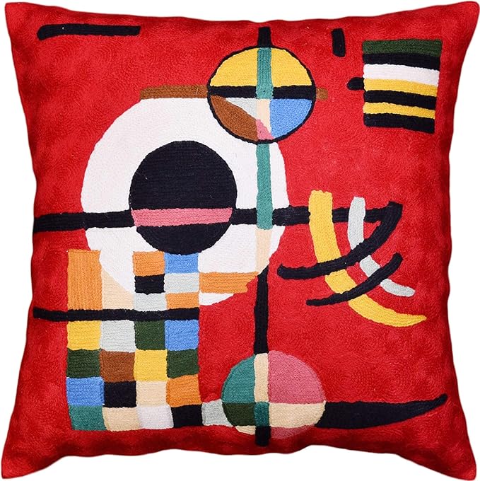 Modern Throw Pillow Cover - Kandinsky Inspired Abstract Pattern - Red - 18" x 18" - Hand Embroidered Wool - Living Room, Office, Bedroom, Outdoor-Ruum Studio Home