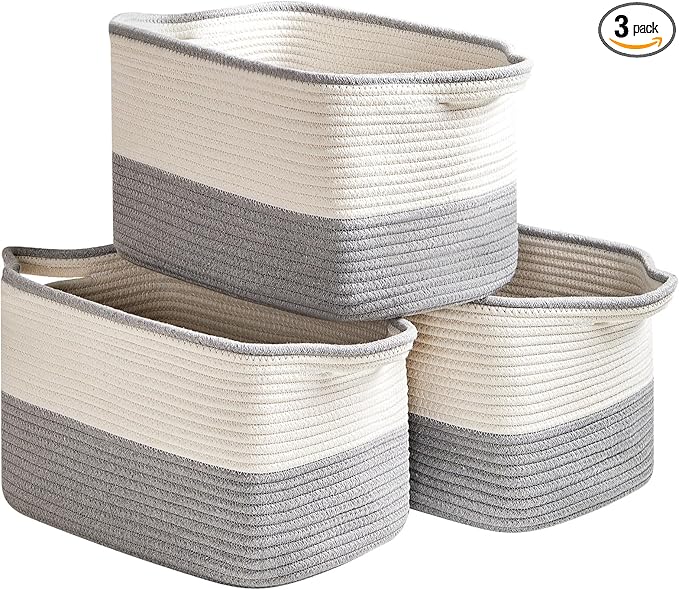 Cotton Rope Storage Basket Set of 3 (15"x10.2"x9.1") - Rectangle Storage Bins - Versatile Toy Storage Organizer - Perfect for Kids, Dog Toys, Books, Shelves - White & Grey-Ruum Studio Home