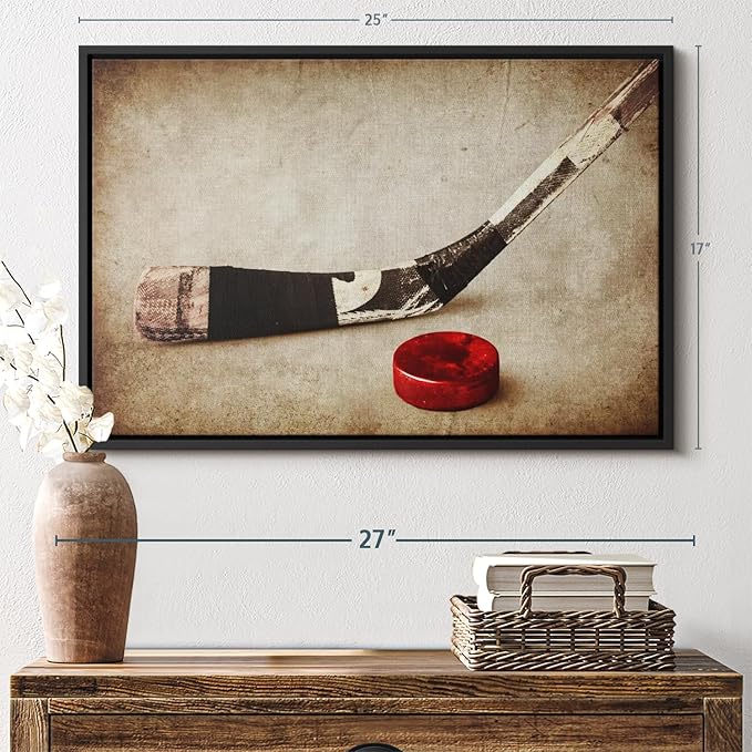 Elephant Stock Vintage Ice Hockey Wall Art - Horizontal Framed Canvas - 1-Piece Hallway Wall Decor - Photography Sports Canvas Print - Brown and Beige Decor for Wall - 25" X 17"-Ruum Studio Home