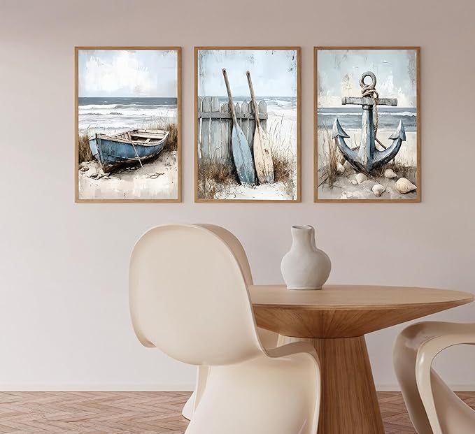 3Pcs Nautical Beach Wall Art Sailboat Paddle and Anchor Paintings Pictures Wall Decor Nautical Coastal Posters Prints Artwork for Living Room Bedroom Home Office Corridor Home Decroation Unframed-Ruum Studio Home
