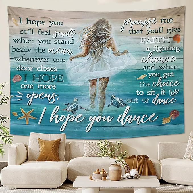 Coastal Beach Tapestry I Hope You Dance Tapestry Wall Hanging for Bedroom Sea Turtle Tapestries Aesthetic Wall Decor for Home Dorm Living Room 50"x60"-Ruum Studio Home