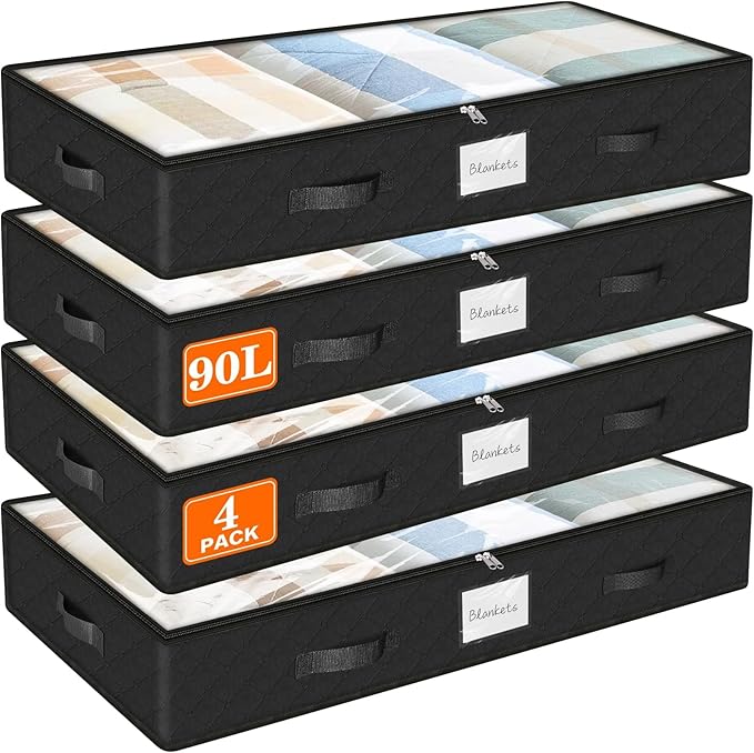 SpaceWhisper 90L Under Bed Storage Containers, 4-Pack Storage Bins with Clear Top, Foldable Closet Organizers and Storage with Label Holder for Clothing, Blankets, Comforter & Pillows(Black)-Ruum Studio Home