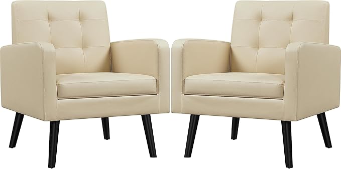 Yaheetech Mid-Century Accent Chairs, PU Leather Modern Upholstered Living Room Chair, Cozy Armchair Button Tufted Back and Wood Legs for Bedroom/Office/Cafe Beige 2PCS-Ruum Studio Home