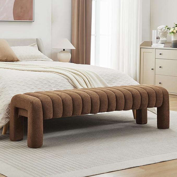63" Bedroom Bench, Upholstered Entryway Bench, Modern End of Bed Ottoman with Solid Wood Legs and Adjustable Foot Pegs for Entryway, Dining Room and Living Room (Brown Boucle)-Ruum Studio Home