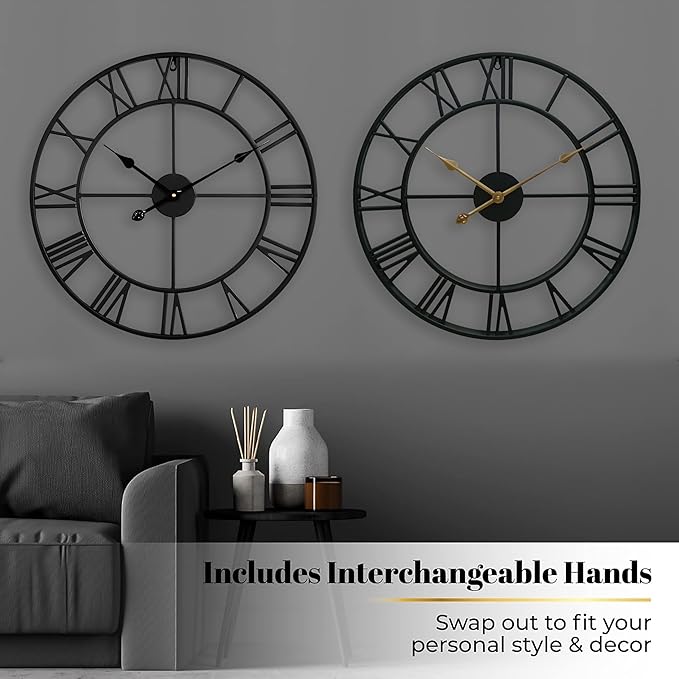 CLXEAST Silent 24 Inch Wall Clocks for Living Room Decor, Large Black Metal Roman Numeral Wall Clocks for Modern Farmhouse Home Decor,House Warming Gifts New Home-Ruum Studio Home