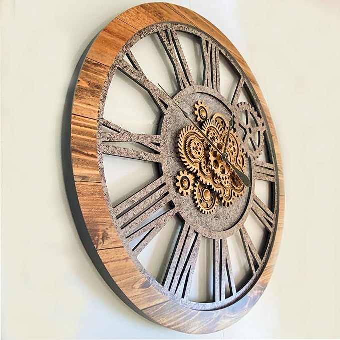 The Gears Clock 36'' Inch Real Moving Gear Wall Clock Vintage Industrial Oversized Rustic Farmhouse (Wood and Stone)-Ruum Studio Home
