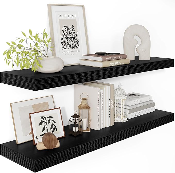 Black Floating Shelves for Wall 36 Inches Long, 12" Deep Wall Shelves 2" Thick, Heavy Duty Shelf for Bedroom, Bathroom, Living Room, Kitchen, Office, Home Decor, Modern Shelf Set of 2, 36" X 12" X 2"-Ruum Studio Home