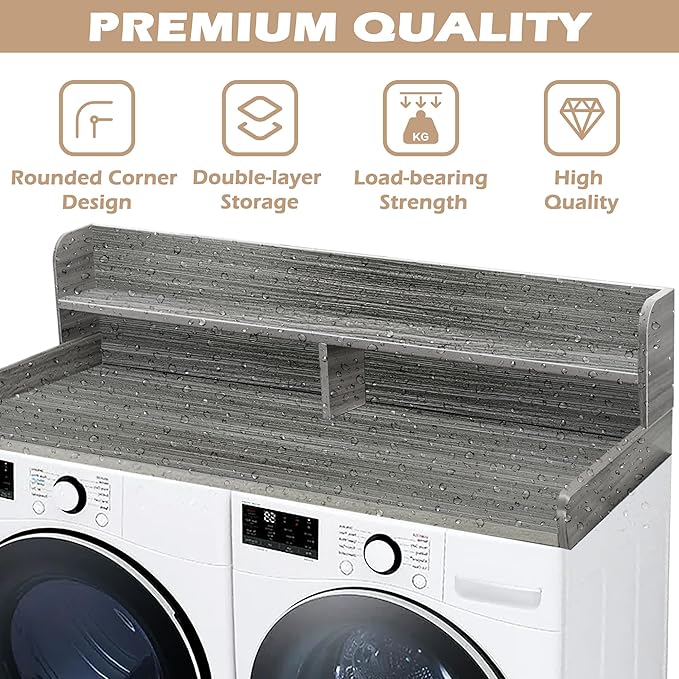 Royxen Laundry Countertop with 2-tier Shelf Universal Fit, Washer and Dryer Countertop with Storage Space, Shelf Height 11.5 Inches, Solid Wood, Eucalyptus-Ruum Studio Home