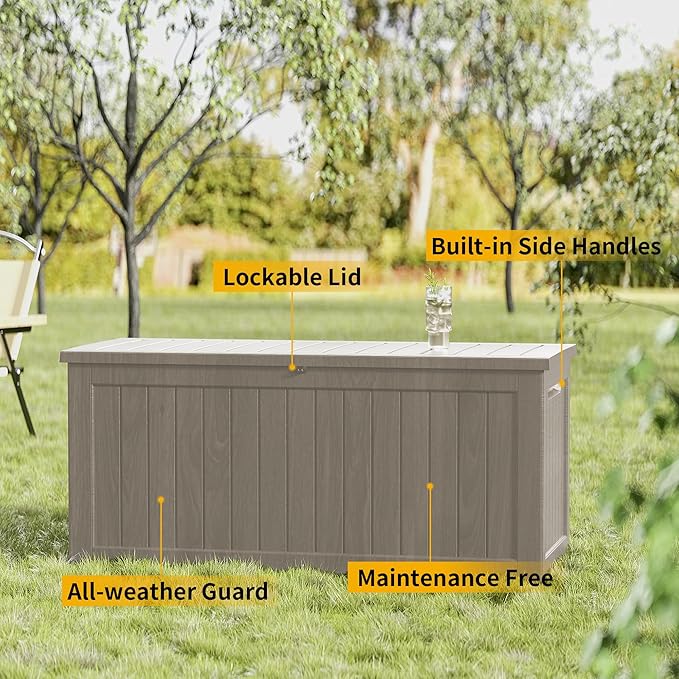 270 Gallon Outdoor Storage Box Patio Deck Box Waterproof, Resin Lockable Outside Large Storage Bin for Pool Cushion Furniture, Garden Tools UV-Resistant, Grey-Ruum Studio Home