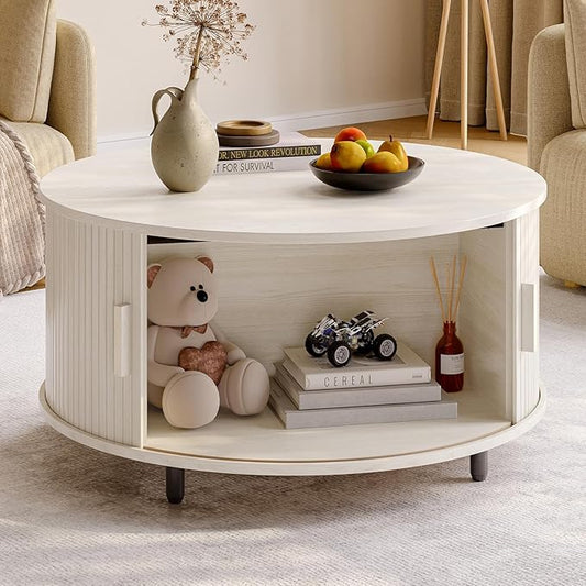 Round Coffee Table with Storage, 31.5" Modern Coffee Table with 360° Curved Sliding Door, Fluted Wood Coffee Table with Adjustable Footpads, Round Center Table for Living Room, Natural White-Ruum Studio Home