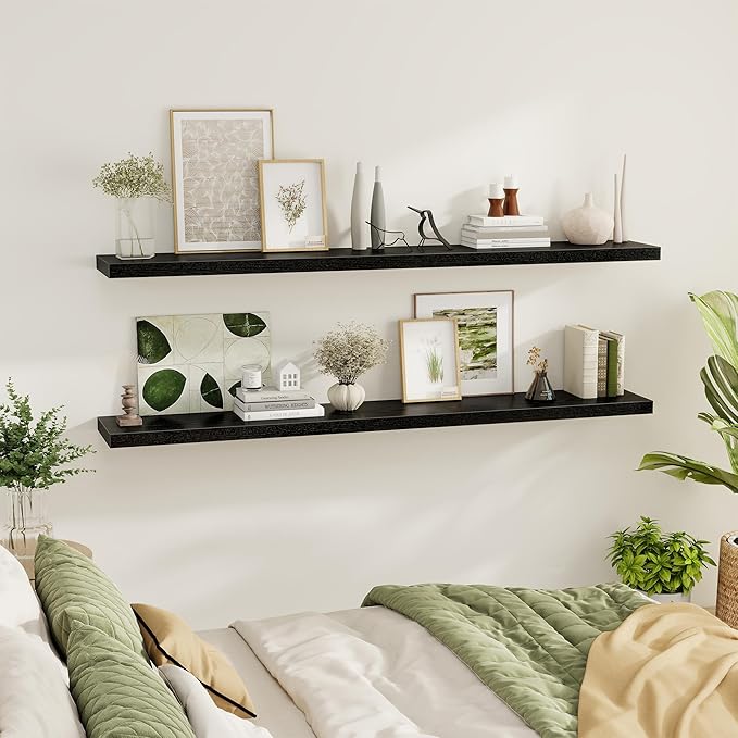 Fun Memories 72 Inch Floating Shelves for Wall 2 Pack Shelves for Bedroom|Kitchen|Bathroom 72 x 9.3 Inch Wood Floating Shelf with Invisible Brackets for Books|Storage|Decor, Black-Ruum Studio Home