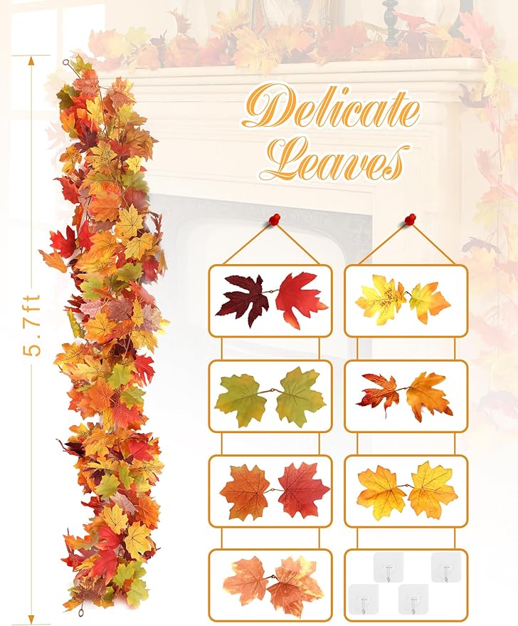 Joyhalo 2 Pack Fall Leaves Garland for Mantle, Autumn Leaf Garland Indoor Outdoor Fall Decor, Hanging Maple Leaves for Mantle, Door Frame, Fireplace and Thanksgiving Decor-Ruum Studio Home