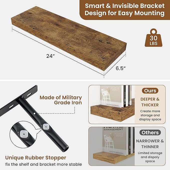 fuqing Floating Shelves for Wall, Bathroom Shelf Wall Mounted for Storage, Shelves with Invisible Bracket for Bedroom, Kitchen, Living Room, Farmhouse Small Book Shelf, 24 Inch Set of 2, Rustic Brown-Ruum Studio Home