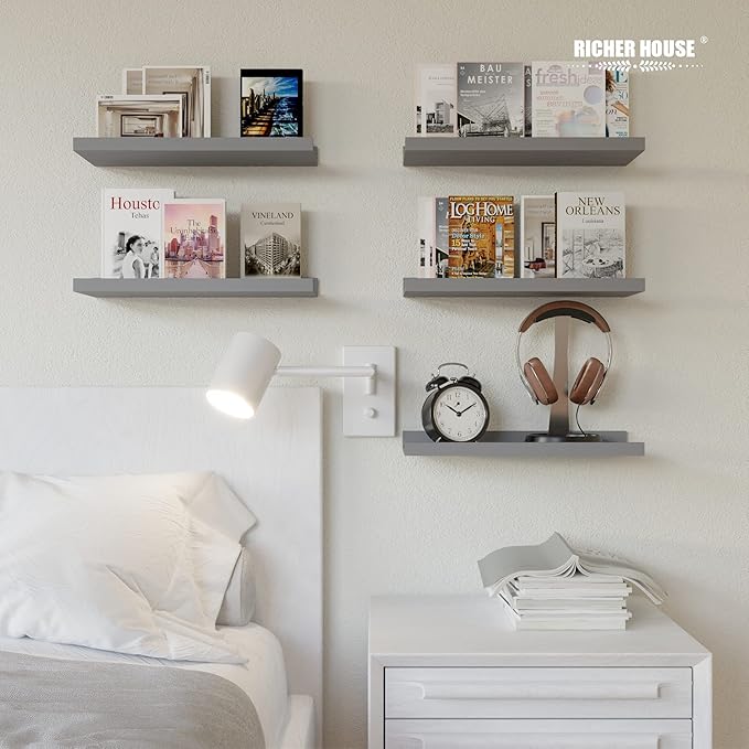RICHER HOUSE Mounted Shelves for Wall Decor, Modern Picture Ledge Shelf with Lip for Wall Storage Nursery, Bedroom, Living Room, Bathroom - Grey-Ruum Studio Home