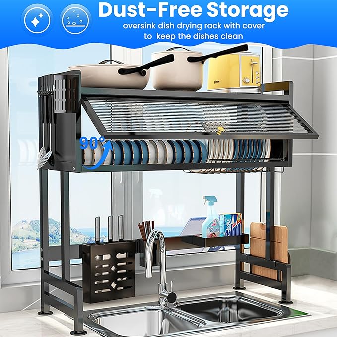 Dish Drying Rack, 3-Tier Over Sink Dish Drying Rack, 33.5" Over Sink Dish Rack for Small Kitchen, Space-Saving Dish Rack with Cover, Baskets, Utensil, Large Sink Storage Organizer Black-Ruum Studio Home