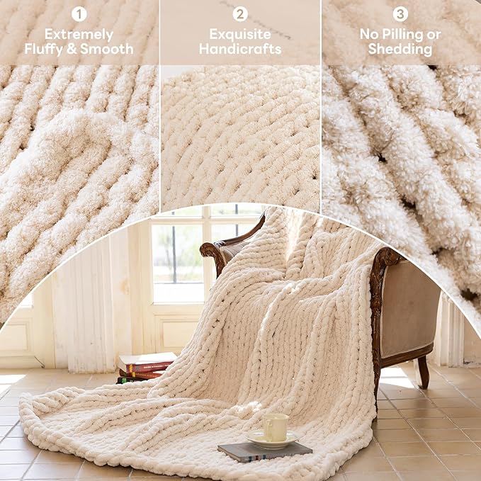 Chunky Knit Blanket - Luxury Soft Cozy 61 * 79 Bold Throw Blanket,100% Woven Blanket Rope Knot Throw Blanket for Couch, Sofa, Home Decor, Gift - Machine Washable（Cream）-Ruum Studio Home