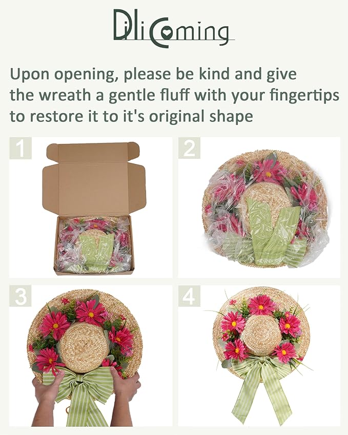 Dilicoming Spring Wreaths for Front Door - 16 Inch Spring Summer Hat Wreath with Artificial Flower, Gift for Women, Indoor Outdoor Wreaths for Wall, Window, Farmhouse, Party, Holiday Home Décor-Ruum Studio Home