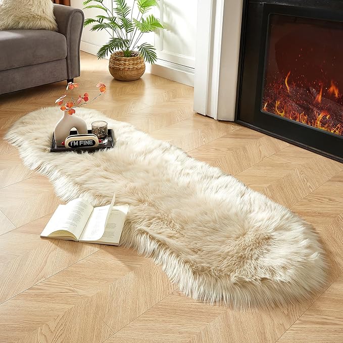 AMTOVO Faux Sheepskin Rug, Beige Ultra Soft Fluffy Shag Area Rug, 2 x 6 ft Faux Fur Rug for Bedroom Sofa Throw Cushion Room Decor, Sheepskin-Ruum Studio Home