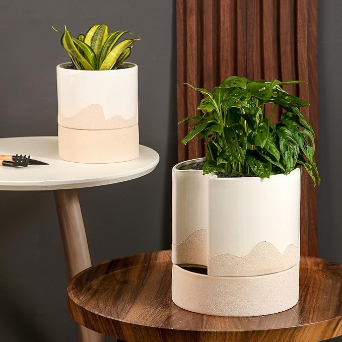 Nihow Self Watering Plant Pot: 8 Inch Ceramic Planter with Drainage Hole & Water Storage Plus for Indoor & Outdoor Plants - Cylinder Round Flower Pot for Succulent/Herbs/Violets - White & Wave Nature-Ruum Studio Home