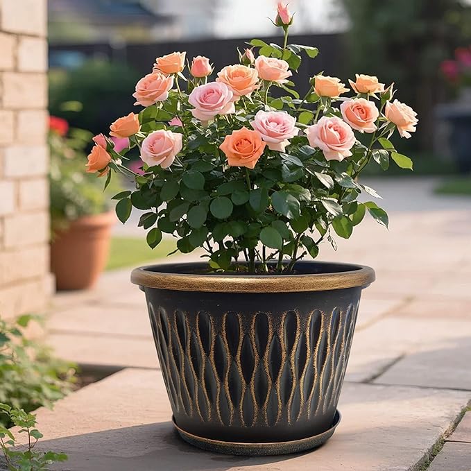 6 Pack 8 Inch Retro Plant Pots, Vintage Striped Flower Pots with Drainage Hole & Saucer, Large Plastic Planters for Indoor and Outdoor Plants, Decorative Garden Pots(Gold)-Ruum Studio Home