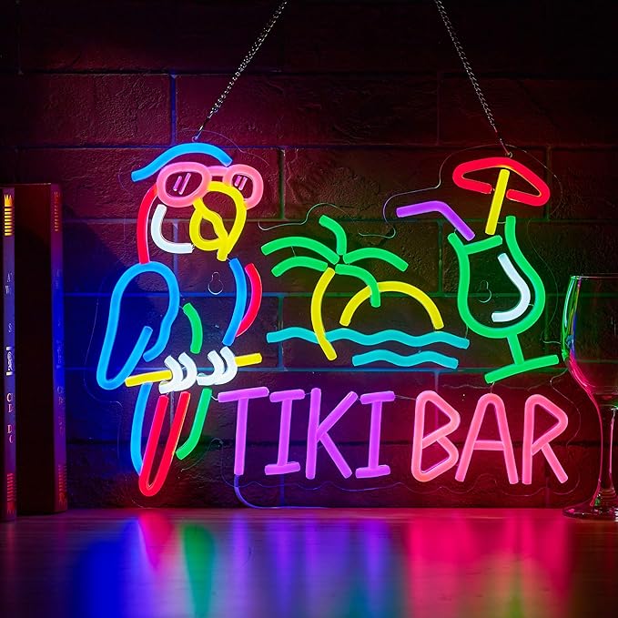 Tiki Bar Parrot Palm Tree Neon Sign for Wall Decor Hawaii Beach Bar LED Light up Signs with Dimmer for Pub Party Man Cave Room Art Decor Gift-Ruum Studio Home