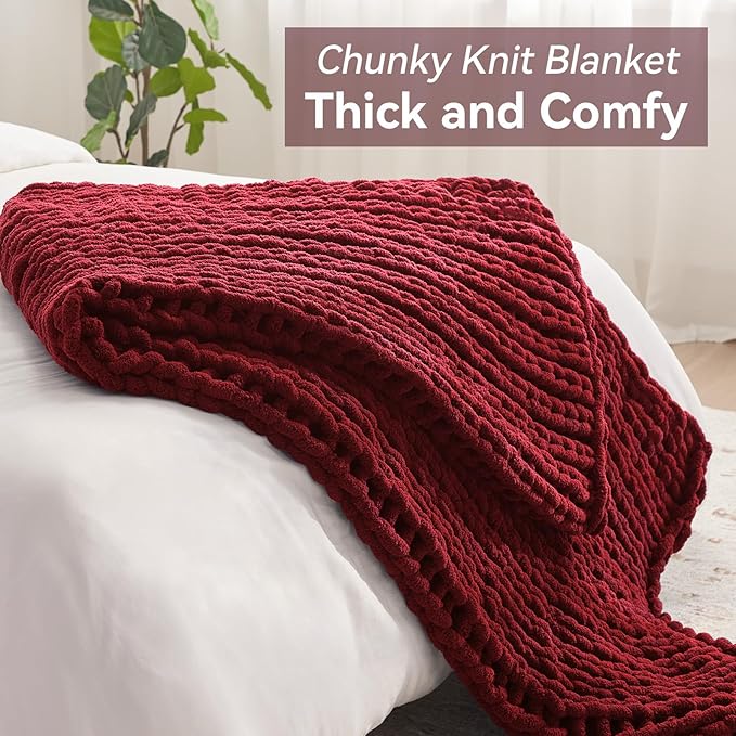 Chunky Knit Throw Blanket, 30''*40'' Knitted Throw Chenille Yarn for Bed Couch, Handmade Red Crochet Big Thick Blanket, Machine Washable Cute Comfy Blanket for Home Decor-Ruum Studio Home