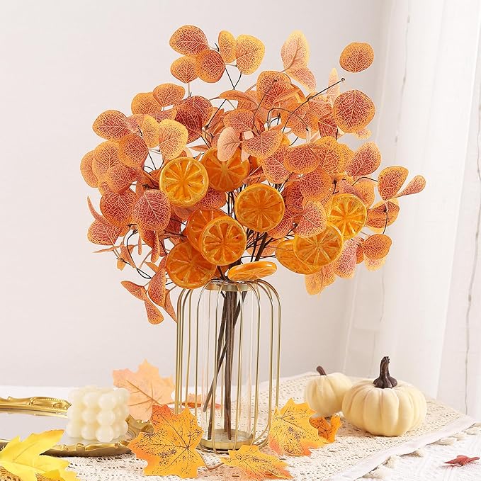 Eucalyptus Stems, 4PCS Artificial Lemon Stems Faux Citrus Branches Plastic Decor for Kitchen, Table Centerpieces, Entryway, Thanksgiving Wedding Party (Orange)-Ruum Studio Home