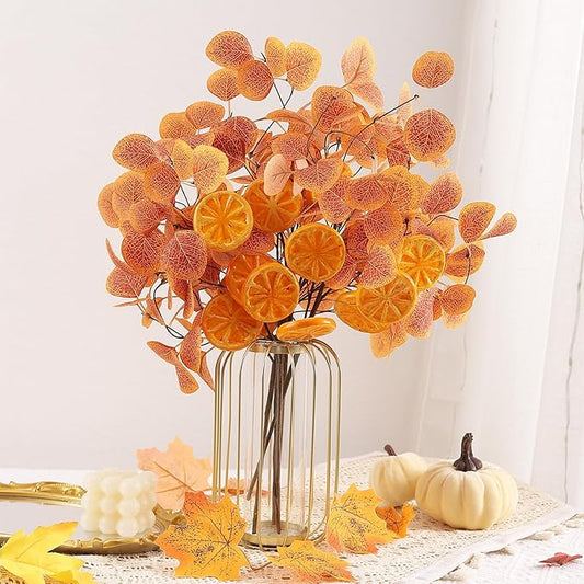 Eucalyptus Stems, 4PCS Artificial Lemon Stems Faux Citrus Branches Plastic Decor for Kitchen, Table Centerpieces, Entryway, Thanksgiving Wedding Party (Orange)-Ruum Studio Home