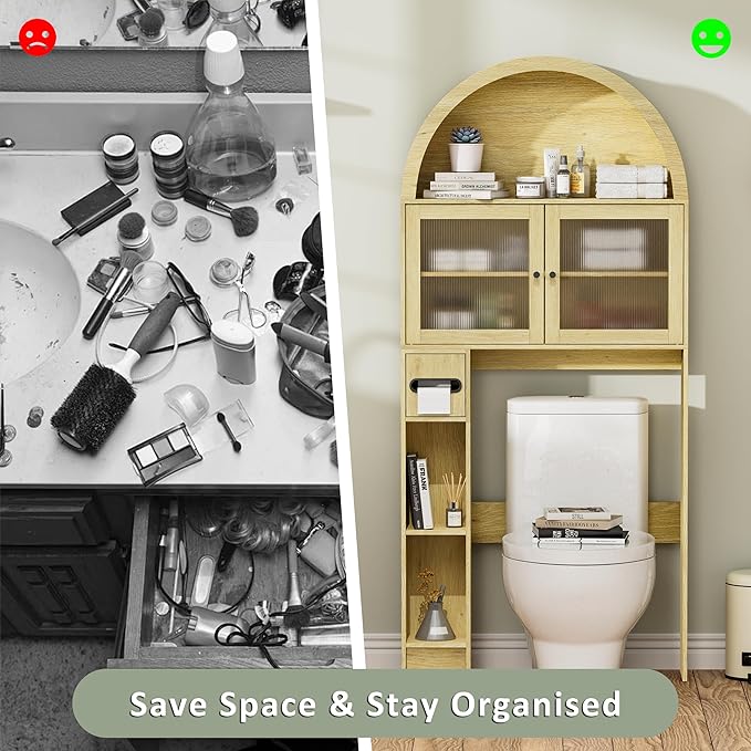 Over The Toilet Storage Cabinet, 31''W Arched Space-Saving Bathroom Organizer with Adjustable Shelf and Acrylic Doors, Freestanding Over Toilet Cabinet for Bathroom, Laundry, Restroom (Oak Wood)-Ruum Studio Home