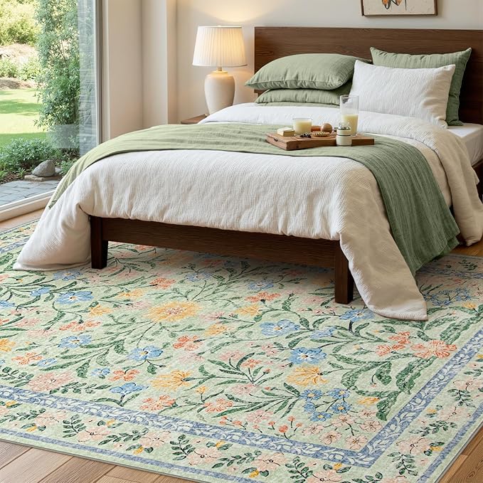 Wonnitar Washable Floral 6x9 Rug, Soft Green Area Rug Boho Non Slip Dining Room Carpet, Non-Shedding Flower Floor Carpets for Kids Bedroom Living Room Dorm Playroom-Ruum Studio Home