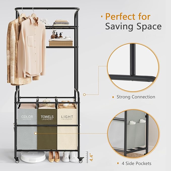 Laundry Sorter 3 Section,Laundry Hamper Cart with Hanging Rack & Removable Bags,Heavy Duty Laundry Basket Organizer with Wheels & 2 Tier Shelf,3 Colors-Ruum Studio Home