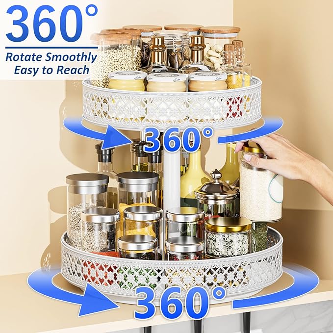 Lazy Susan Organizer 2 Tier - Turntable Spice Rack 12 inch Adjustable Metal Rotating Lazy Susan for Cabinet Pantry Kitchen Countertop Dining Table Cupboard Bathroom Vanity Storage White-Ruum Studio Home