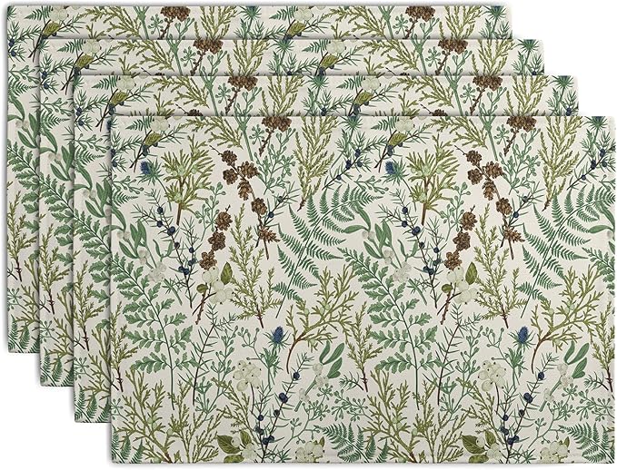 Sage Green Botanical Floral Placemats Set of 4 Vintage Tropical Herbs Fern Leaves Place Mats 12x18 Inch Seasonal Plant Spring Summer Linen Fabric Table Mats for Party Kitchen Dining Decor-Ruum Studio Home