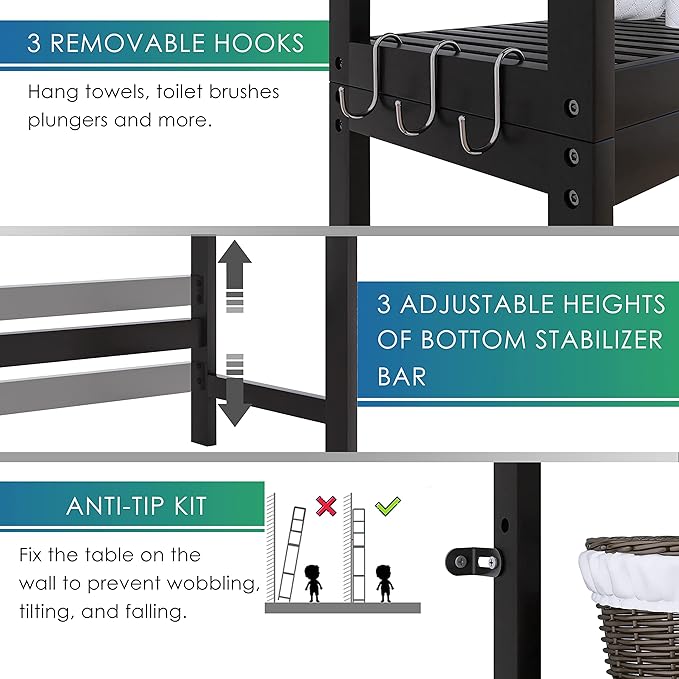 SMIBUY Bathroom Storage Shelf, Bamboo Over-The-Toilet Organizer Rack, Freestanding Toilet Space Saver with 3-Tier Adjustable Shelves (Black)-Ruum Studio Home