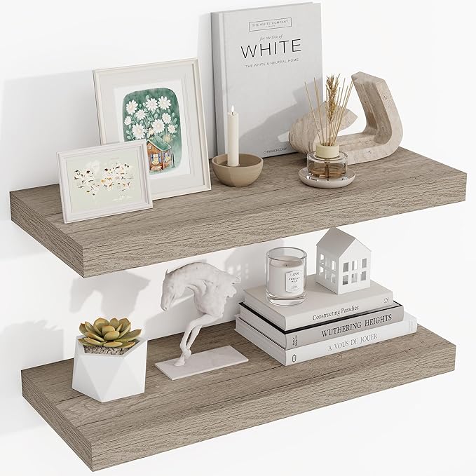 24 Inch Floating Shelves, 3D Textured Wood Grain, 24"x9.25"x1.5" Inch Deep Floating Shelves for Wall, Wooden Shelves for Bathroom, Bedroom, Living Room, Vintage Gray Oak-Ruum Studio Home