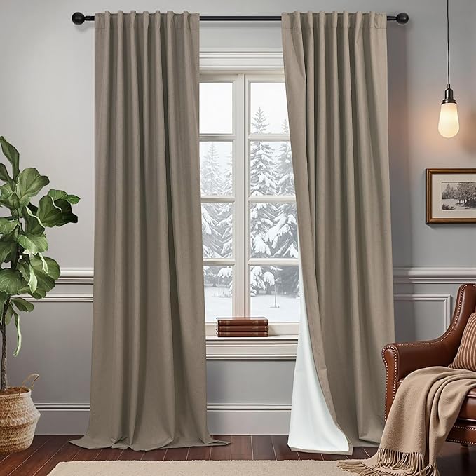 Light Brown Linen Blackout Curtains 96 Inches Long Back Tab Pocket Neutral Earthy Thermal Black Out Curtains for Living Room Sliding Glass Door Burg Floor to Ceiling Window Drapes 2 Panels 8ft Length-Ruum Studio Home